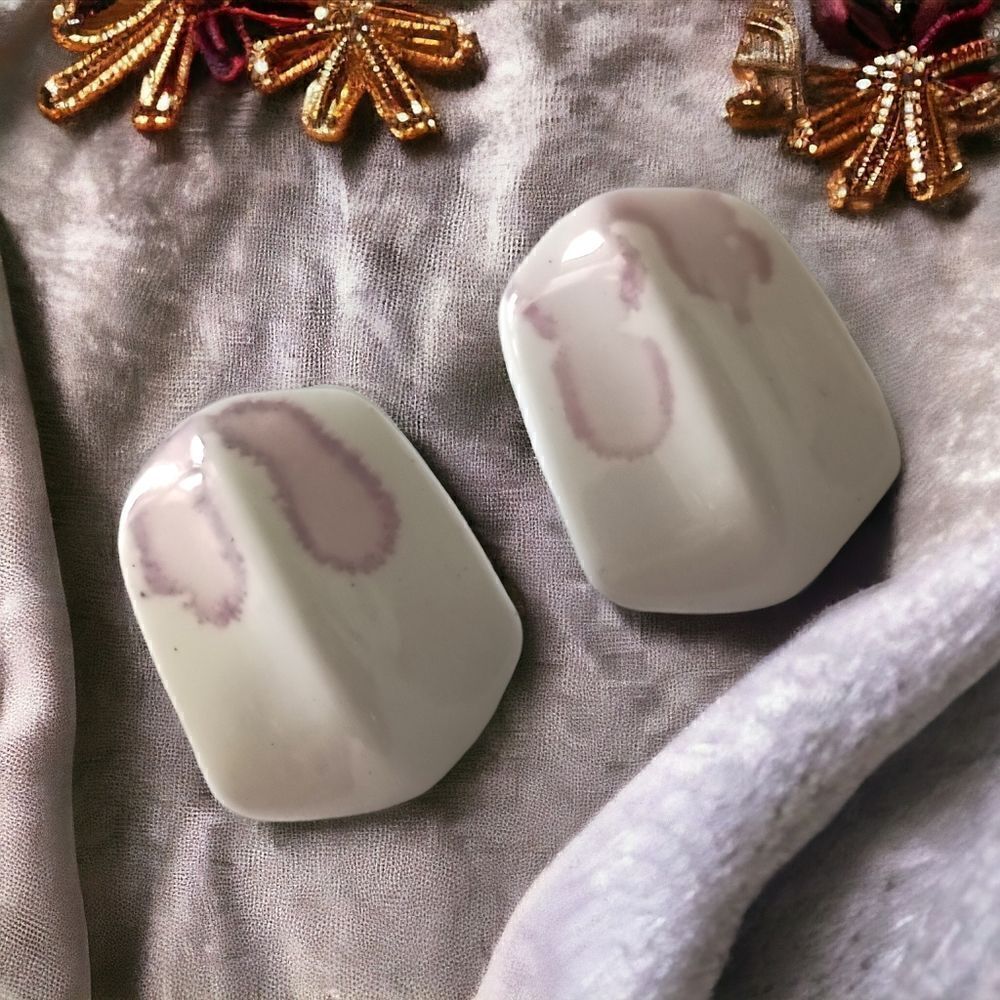 Vintage 80s Ceramic Earrings Geometric Retro Purple Lilac White Disco Pierced.
